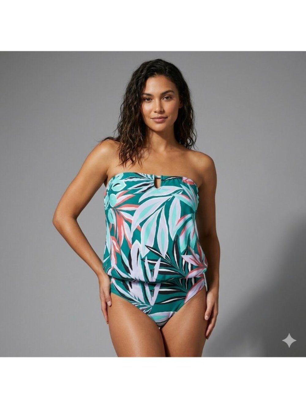 Anne Cole Womens Tropical Blouson Bandeau Swimsuit Size 10